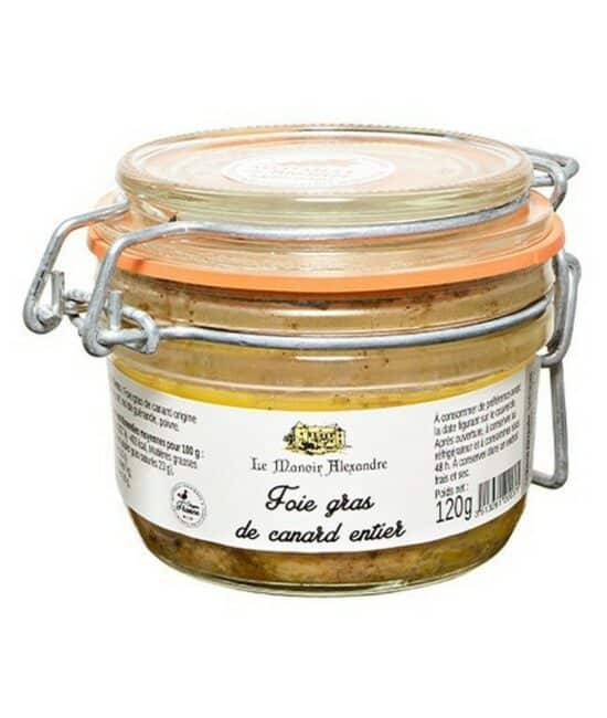 Burk med Manoir Alexandre Hel Anklever (Foie Gras Entier de Canard) 130g, elegant presenterad med en bit brioche och havssalt.