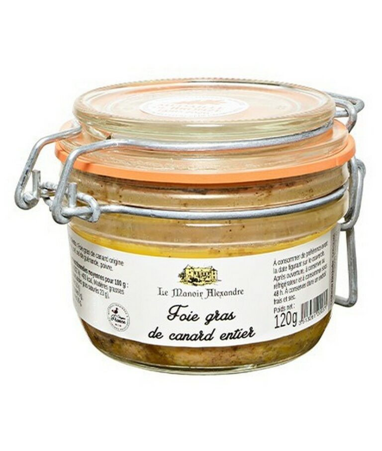 Burk med Manoir Alexandre Hel Anklever (Foie Gras Entier de Canard) 130g, elegant presenterad med en bit brioche och havssalt.