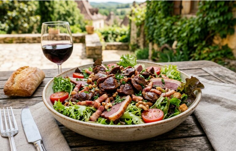 Fransk perigordisk sallad med ankbröst, gésiers, valnötter och krutonger på en utomhusterrass i Frankrike.