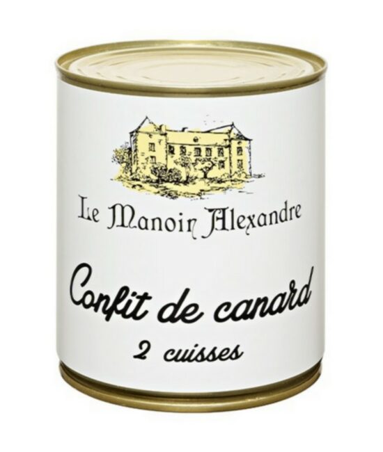 Burk med Manoir Alexandre Confiterade Anklår (Confit de Canard) 800g, visad med två tillagade ankben på en tallrik, serverade med vitlökspotatis och rosmarin.