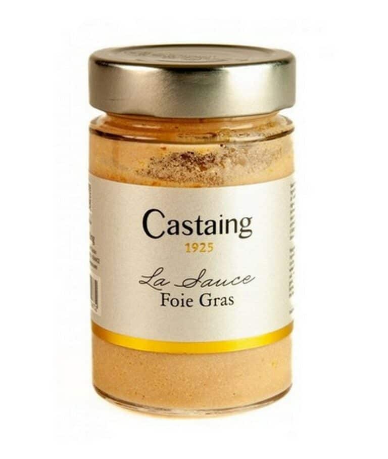En glasburk med Castaing Sauce Foie Gras, 180g – en fransk lyxig sås för gourmetmatlagning.