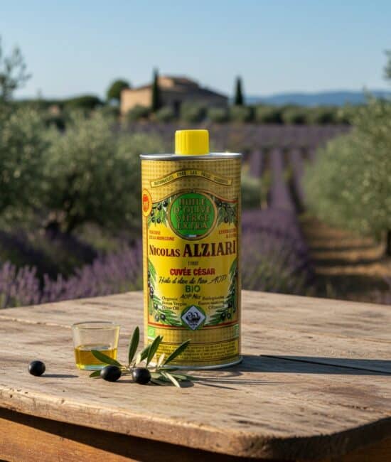 Nicolas Alziari Cuvée César BIO olivoljeburk 500 ml med AOP Nice, placerad på ett soligt provensalskt bord omgivet av olivträd.