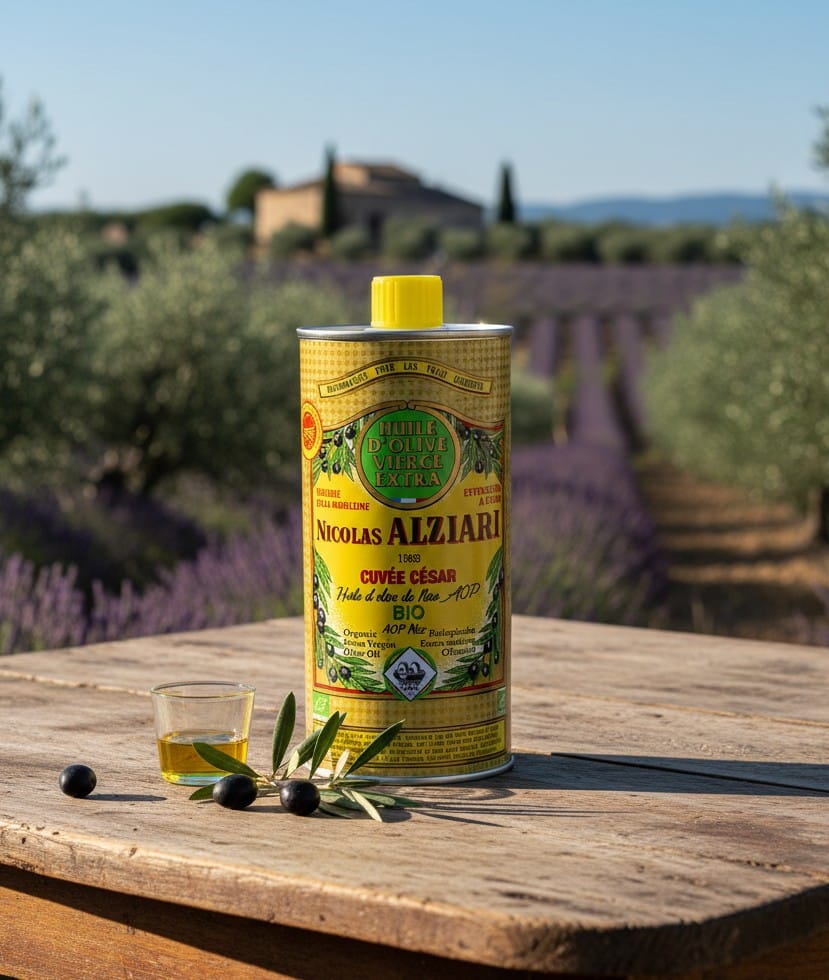 Nicolas Alziari Cuvée César BIO olivoljeburk 500 ml med AOP Nice, placerad på ett soligt provensalskt bord omgivet av olivträd.