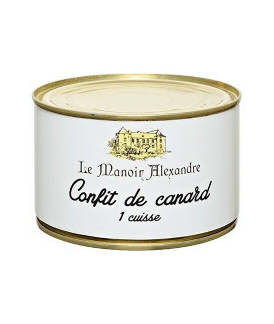 Burk med Manoir Alexandre Confiterat Anklår 383g, visad med ett tillagat lår på en tallrik tillsammans med potatis och persilja.