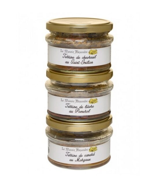 Terrinpaket Caviste 1 från Manoir Alexandre – tre franska delikatesser med viltkött och vin i glasburkar