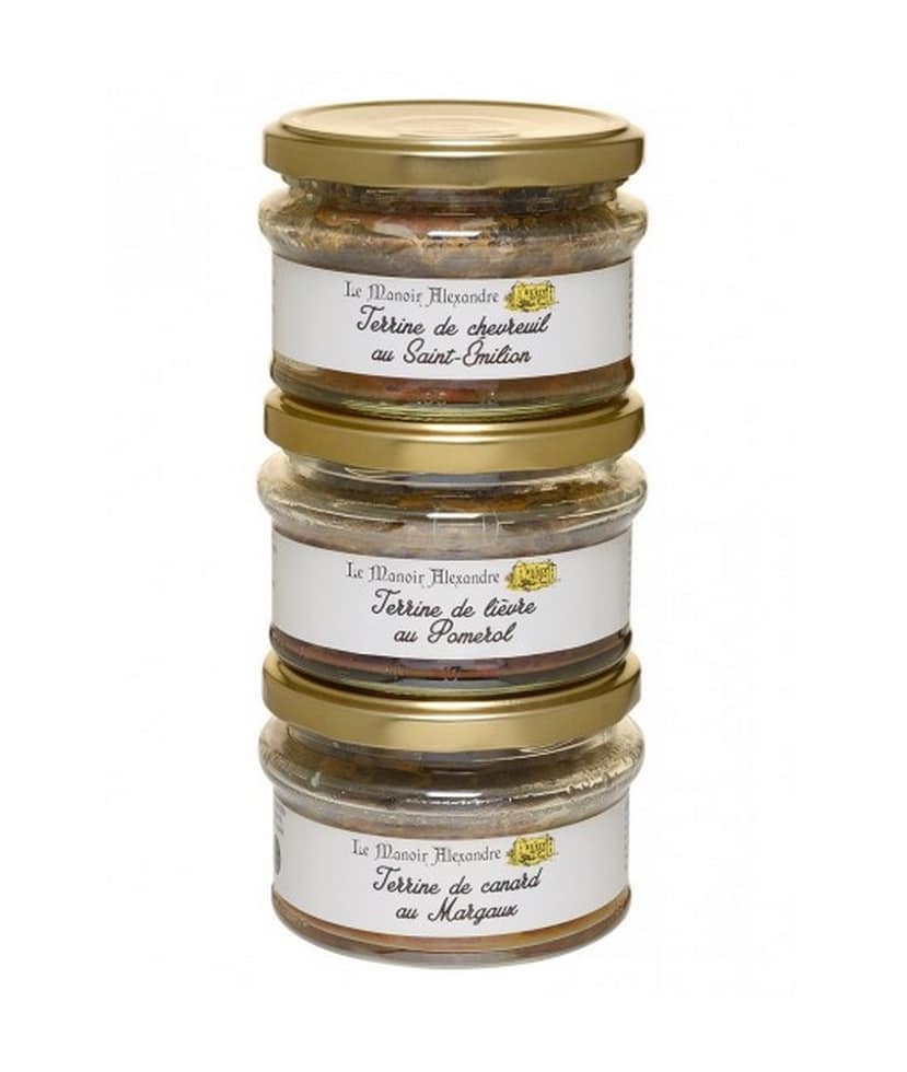 Terrinpaket Caviste 1 från Manoir Alexandre – tre franska delikatesser med viltkött och vin i glasburkar