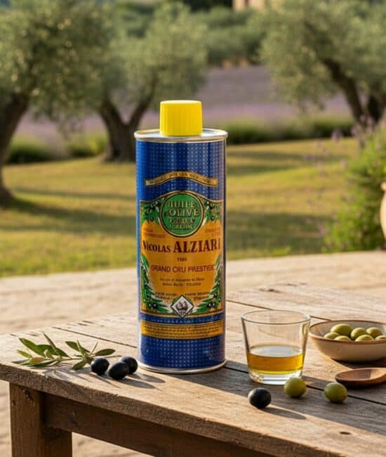 Nicolas Alziari Cuvée PRESTIGE olivolja 250 ml på ett träbord i Provence, med olivlundar och lavendelfält i bakgrunden.