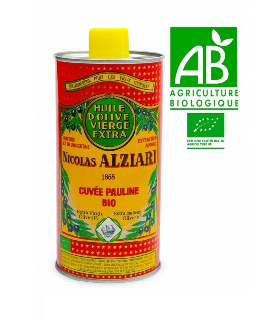 Halvlitersburk med ekologisk extra jungfruolivolja Nicolas Alziari Cuvée Pauline BIO med gul kork och AB-certifiering mot vit bakgrund.