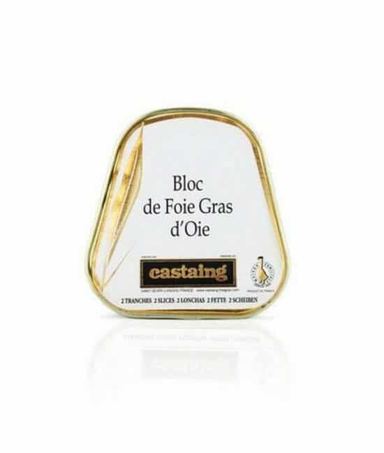 Castaing Bloc av Foie Gras d'Oie 75g i en elegant trapetsformad burk, symboliserande fransk kulinarisk tradition och kvalitet.