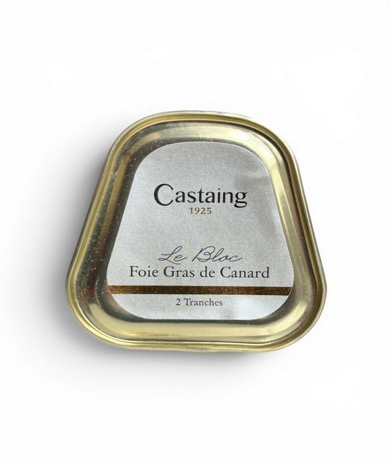 Castaing Bloc av Foie Gras de Canard 75g i en trapetsformad plåtburk, redo att serveras som en klassisk fransk delikatess.