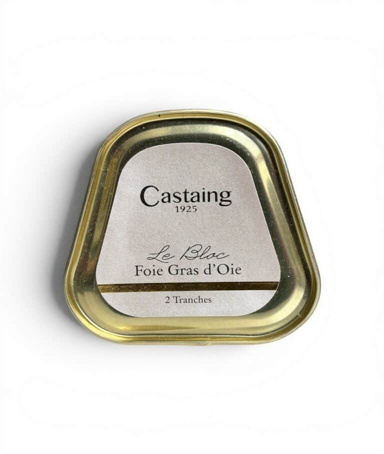 Castaing Bloc av Foie Gras d'Oie 75g i en elegant trapetsformad burk, symboliserande fransk kulinarisk tradition och kvalitet.