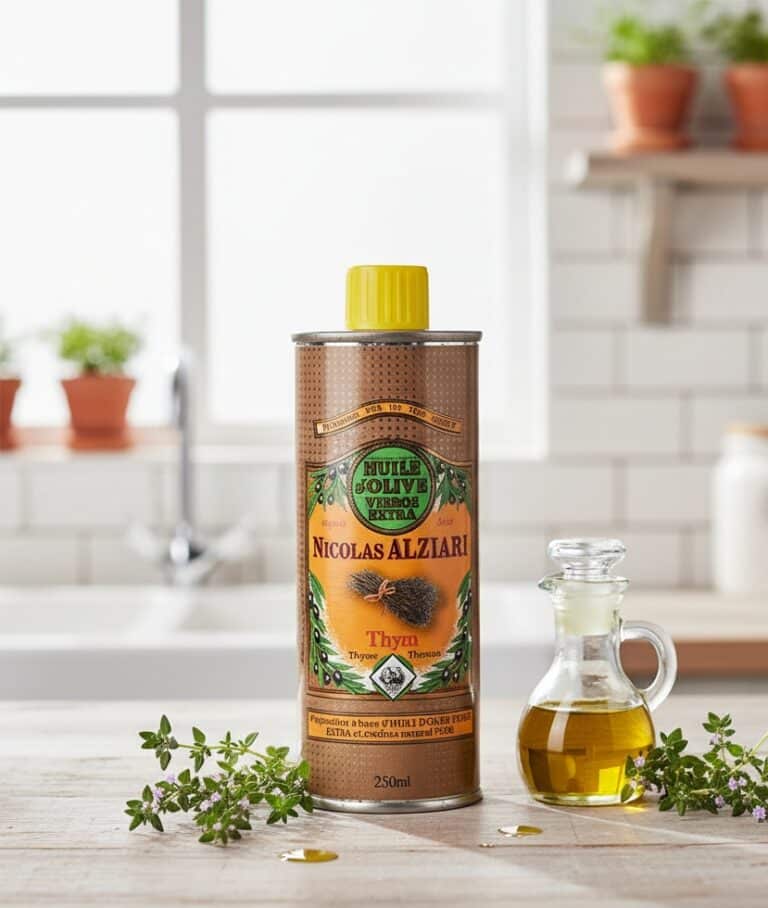 Nicolas Alziari timjanoljeflaska på 250 ml, placerad på ett ljust träbord med färska timjankvistar och en liten oljekaraff. Scenen utspelar sig i ett ljust kök, vilket förmedlar fräschör och medelhavssmaker.
