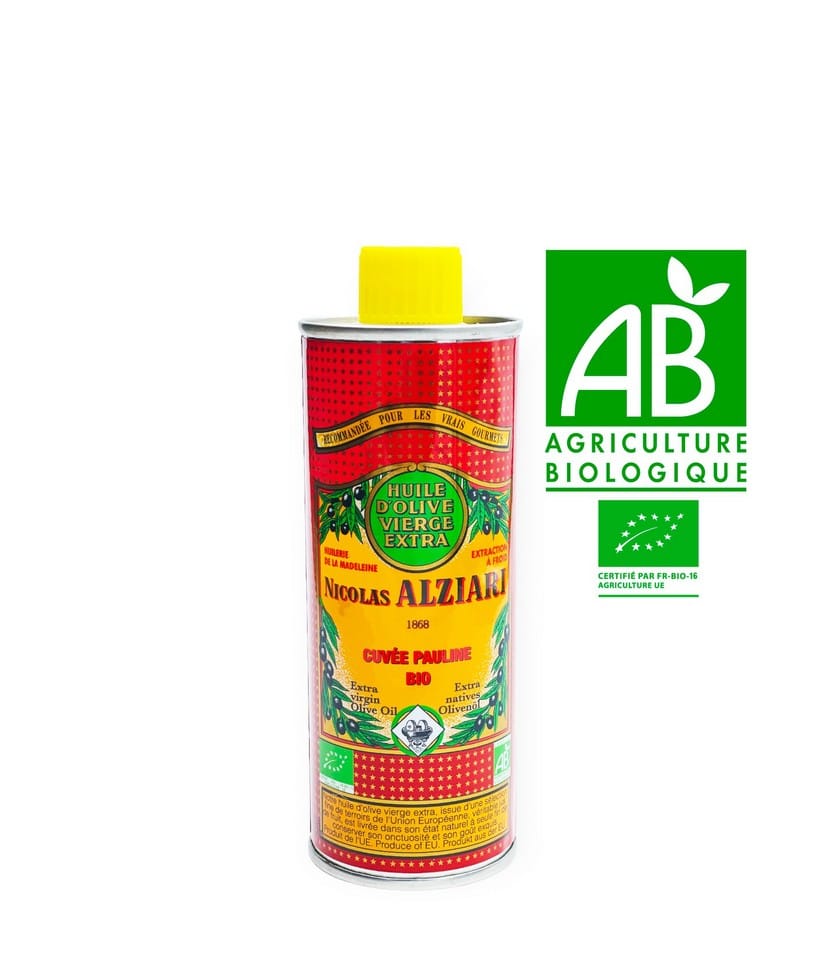 "En flaska Nicolas Alziari Cuvée PAULINE Ekologisk extra jungfruolivolja, 250 ml. Flaskan har en distinkt etikett som indikerar att oljan är ekologisk (BIO) och bär den klassiska Alziari-designen."