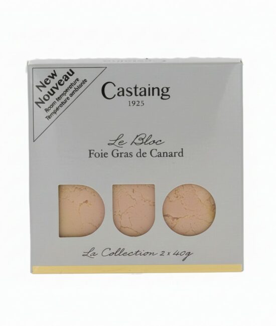 Castaing Duo Block av Foie Gras de Canard 2x40g i elegant kartongförpackning (étui), idealisk för individuella portioner.