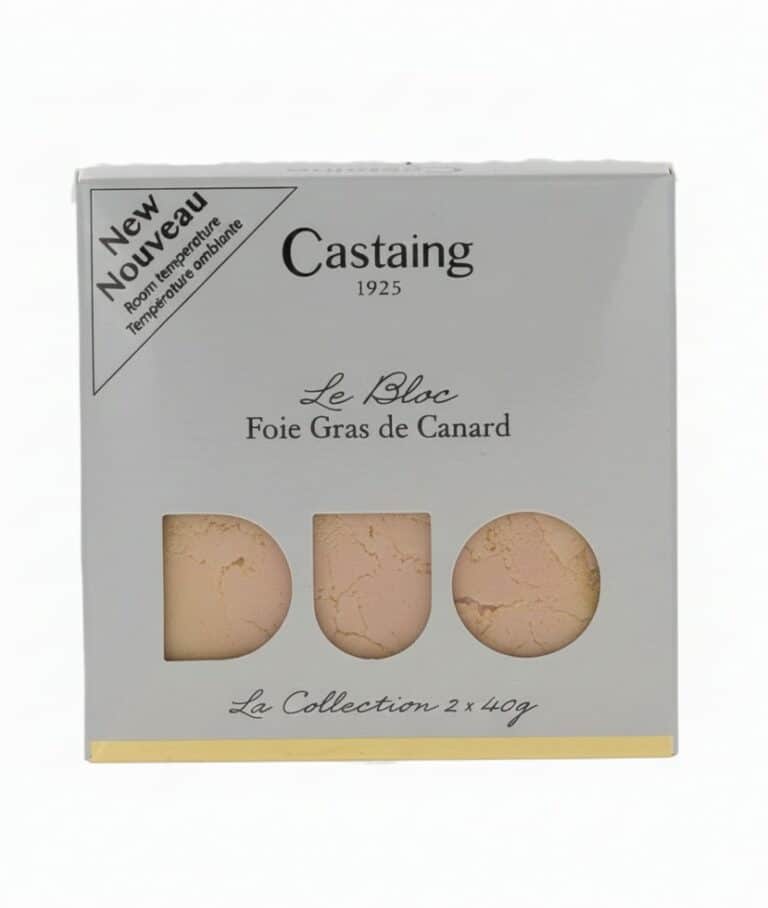 Castaing Duo Block av Foie Gras de Canard 2x40g i elegant kartongförpackning (étui), idealisk för individuella portioner.