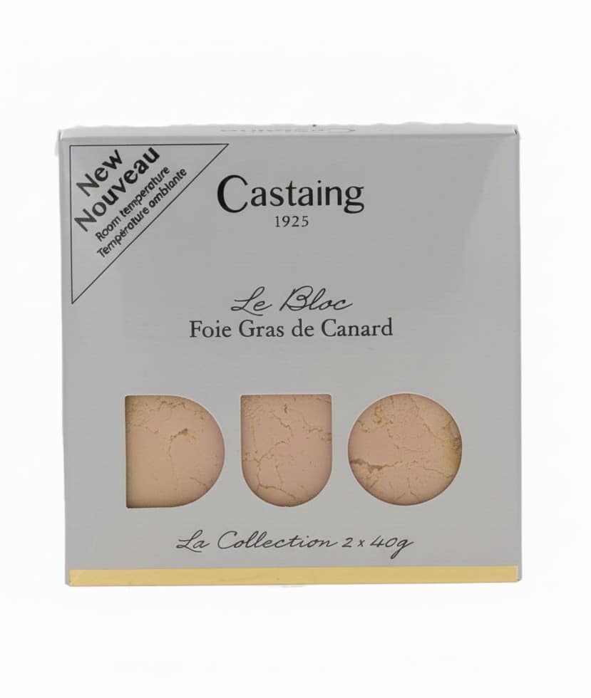 Castaing Duo Block av Foie Gras de Canard 2x40g i elegant kartongförpackning (étui), idealisk för individuella portioner.