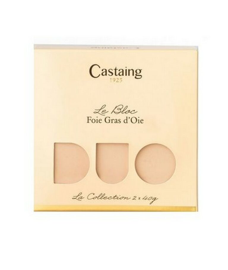 Castaing Duo Block av Foie Gras d'Oie 2x40g i kartongförpackning (étui), utmärkt för en individuell servering eller som del av en gourmetkorg.