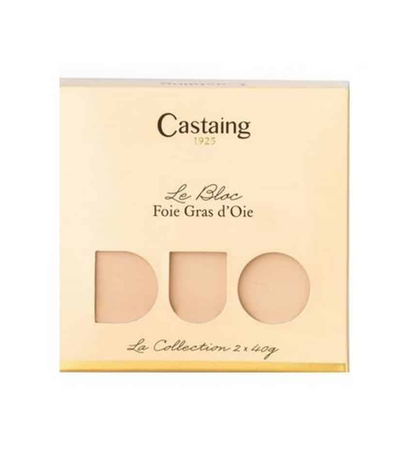 Castaing Duo Block av Foie Gras d'Oie 2x40g i kartongförpackning (étui), utmärkt för en individuell servering eller som del av en gourmetkorg.