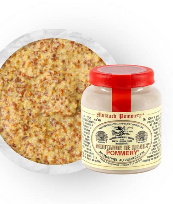 En liten 100g keramikburk med Moutarde de Meaux Pommery, fransk gourmet-senap med rött vaxsigill på toppen.