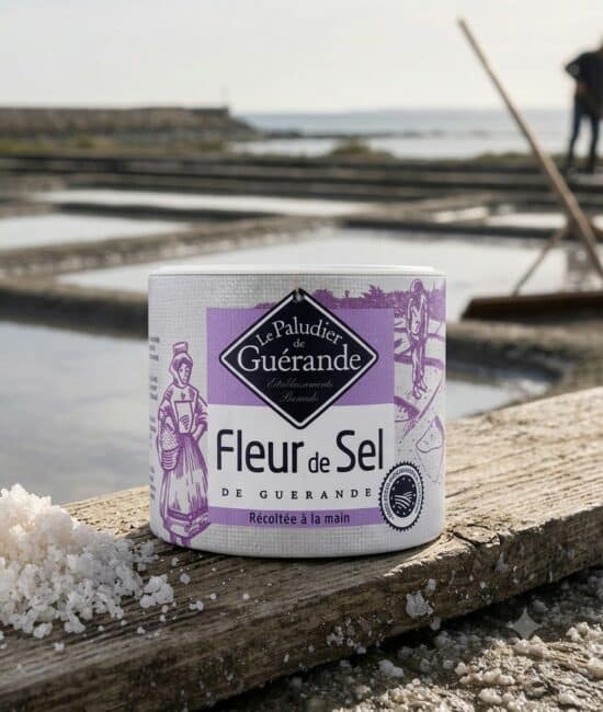 Le Paludier de Guérande Fleur de Sel 125g rund lila och vit altförpackning