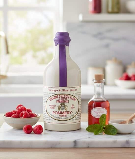 En 500ml flaska med Pommery fransk hallonvinäger, med en klar röd färg och stilren etikett, fotograferad i ett ljust kök.