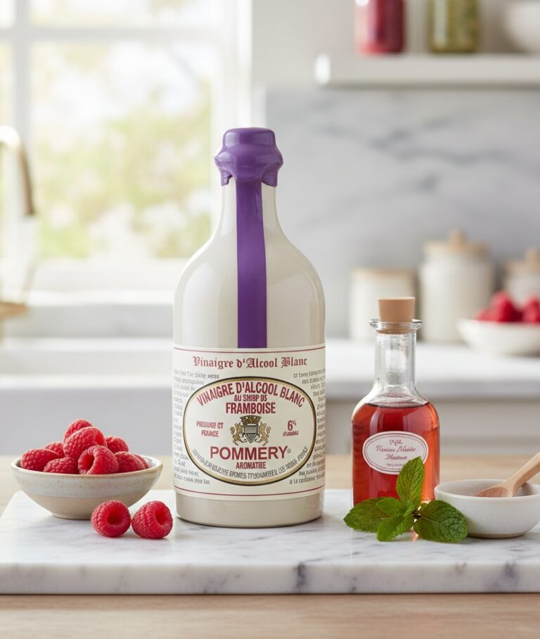 En 500ml flaska med Pommery fransk hallonvinäger, med en klar röd färg och stilren etikett, fotograferad i ett ljust kök.