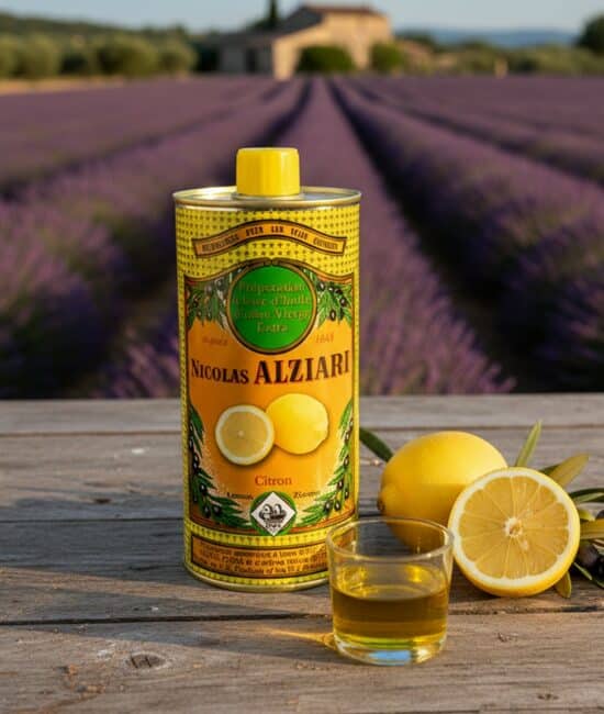 Nicolas Alziari Citronoljeburk 500 ml placerad på en träterrass i södra Frankrike, med citroner och oliver som dekoration.