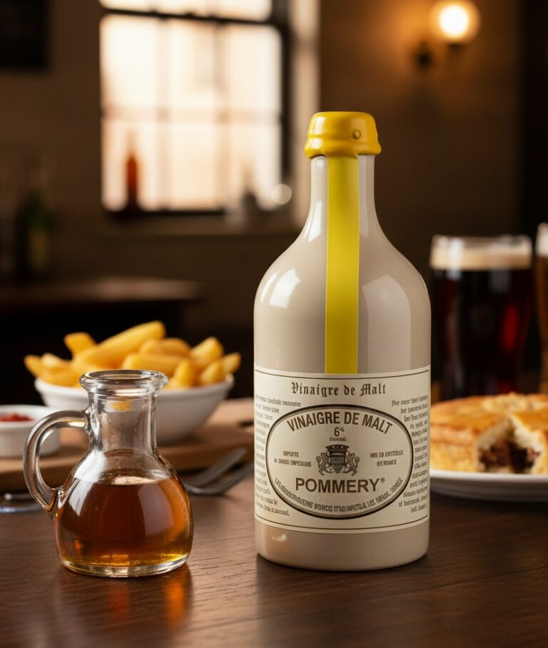 En 500ml glasflaska med Pommery fransk maltvinäger, bärnstensfärgad vätska med en klassisk etikett, placerad på en rustik träbänk.