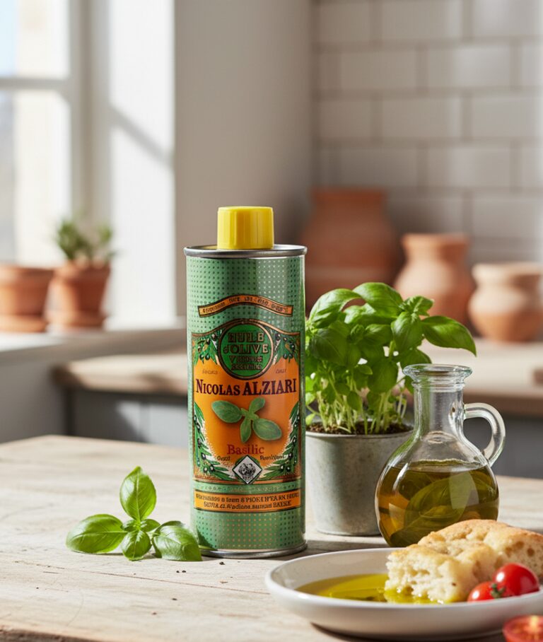 Flaska med Nicolas Alziaris basilikolja på ett ljust träbord, omgiven av färska basilikablad och tomater. Ljus och aromatisk medelhavsstämning.
