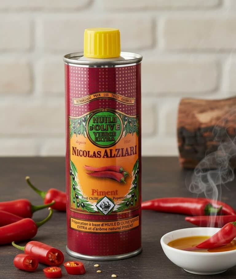 Flaska med Nicolas Alziaris chiliolja på ett rustikt träbord, omgiven av färska röda chilifrukter. En skål med het olja och röd chili. Ånga stiger från såsen. Ljus och modern miljö.