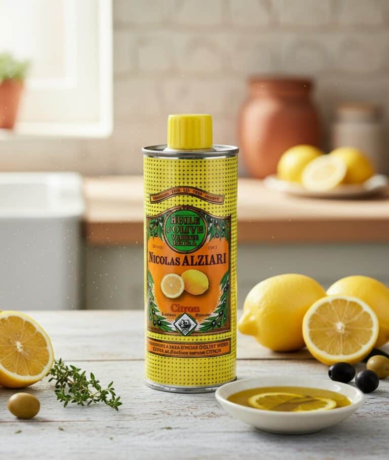 Flaska med Alziaris citronolja på ett ljust träbord, omgiven av färska citroner och olivkvistar. Ljus och fräsch medelhavsatmosfär.