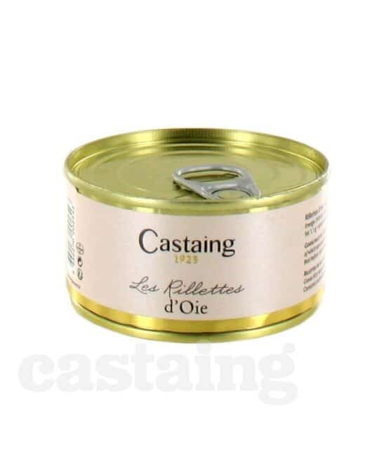 Burken med Castaing Rillettes d'Oie 130g, elegant presenterad med en sked och garnerad med små lök eller örter på en rustik yta.