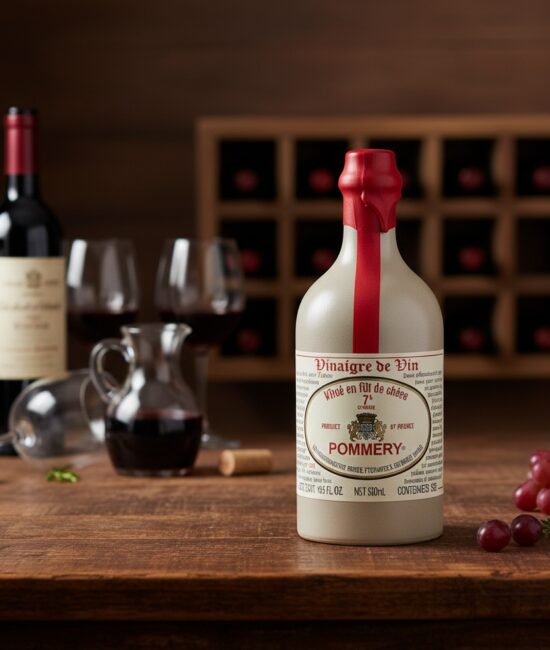 En 500ml glasflaska med Pommery fransk rödvinsvinäger, elegant etikett, placerad i en köksmiljö med färska örter.