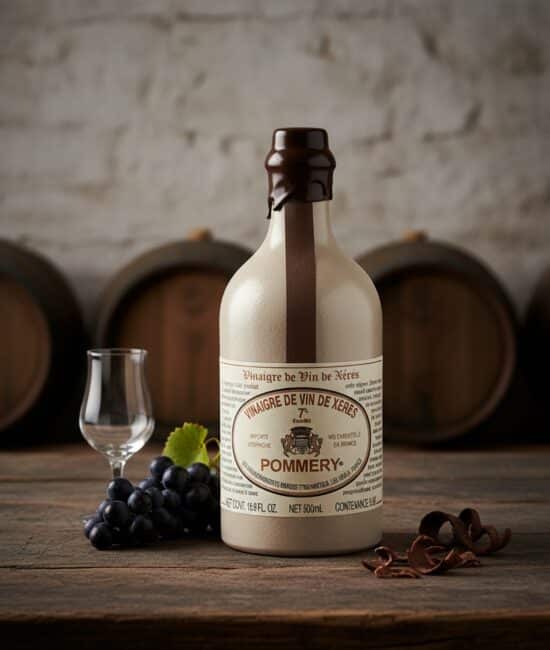 En 500ml flaska med Pommery fransk-spansk sherryvinäger (Xérès), lagrad på ekfat, med en elegant etikett som visar dess ursprungsskydd.