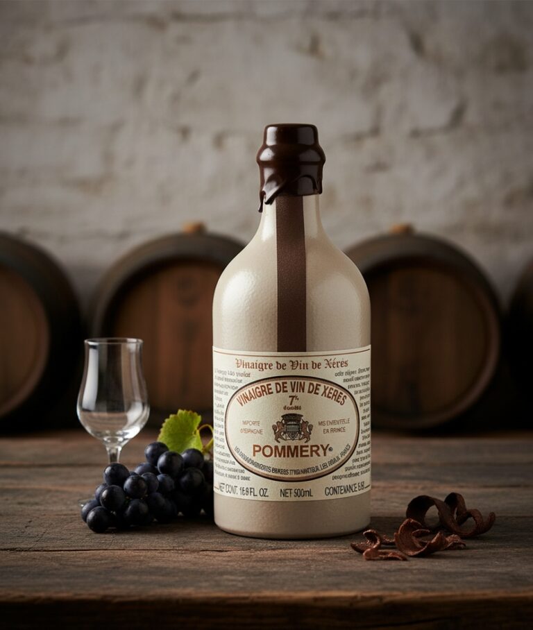 En 500ml flaska med Pommery fransk-spansk sherryvinäger (Xérès), lagrad på ekfat, med en elegant etikett som visar dess ursprungsskydd.