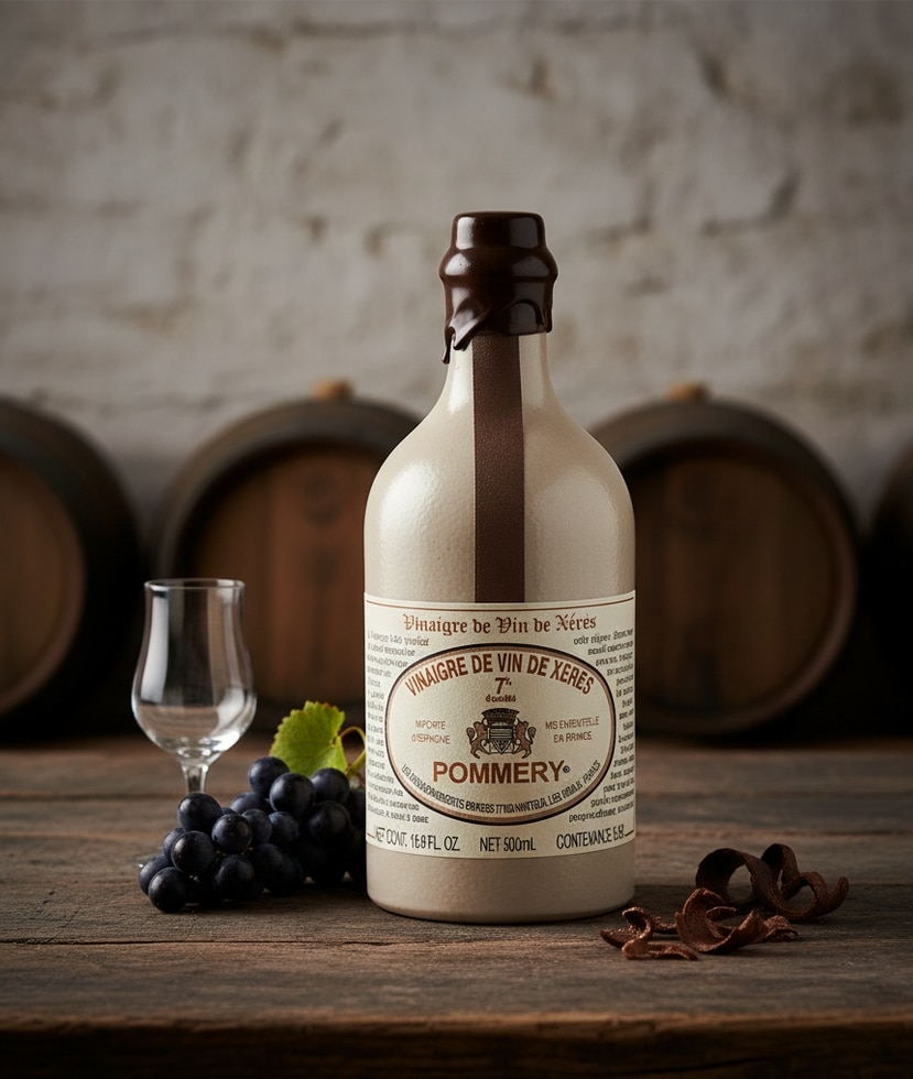 En 500ml flaska med Pommery fransk-spansk sherryvinäger (Xérès), lagrad på ekfat, med en elegant etikett som visar dess ursprungsskydd.