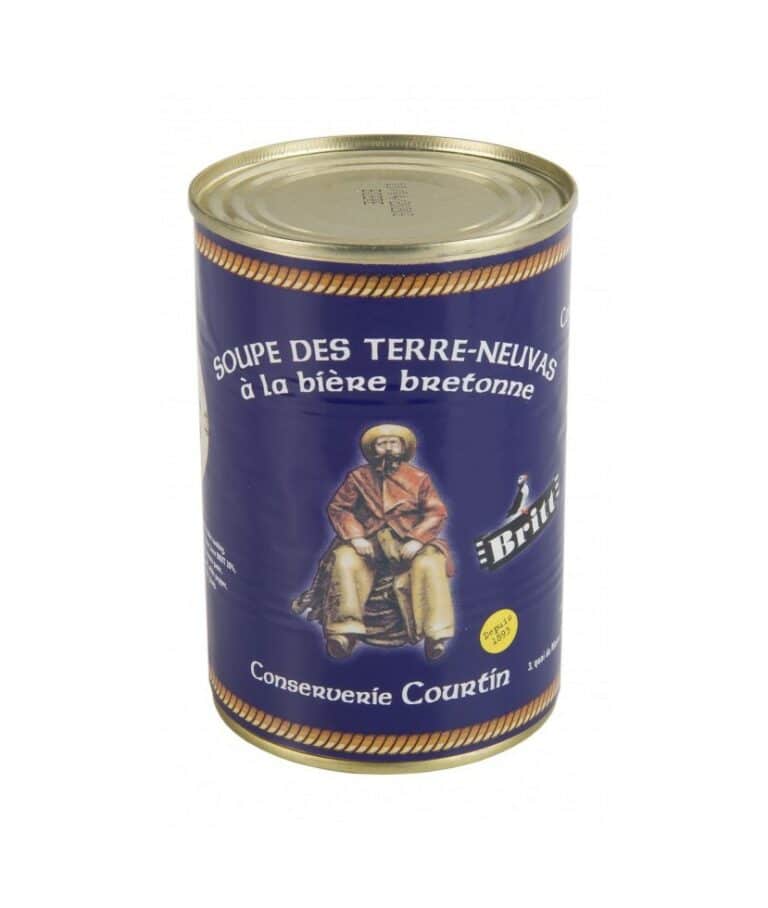 Burk med Terres-Neuvas fiskoppa med bretonsk öl från Conserverie Courtin, Concarneau, Bretagne.