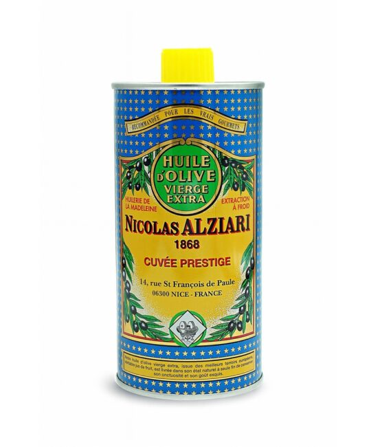 Enlitersburk med extra jungfruolivolja Nicolas Alziari Cuvée Prestige med gul kork mot vit bakgrund.