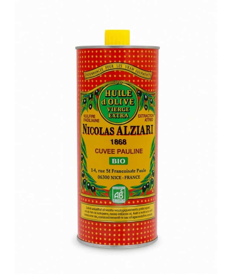 Enlitersburk med ekologisk extra jungfruolivolja Nicolas Alziari Cuvée Pauline med gul kork mot vit bakgrund.