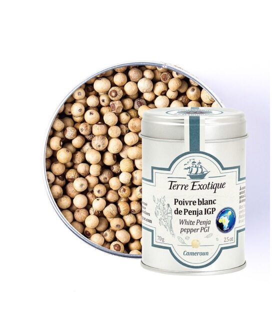 Elegant metallburk med Penja vitpeppar (hela korn) av märket Terre Exotique. Vita, runda pepparkorn.