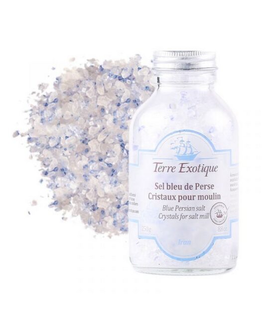 Burk med stora blå kristaller av Persiskt stensalt för kvarn, av märket Terre Exotique. En blandning av vita och blå kristaller.
