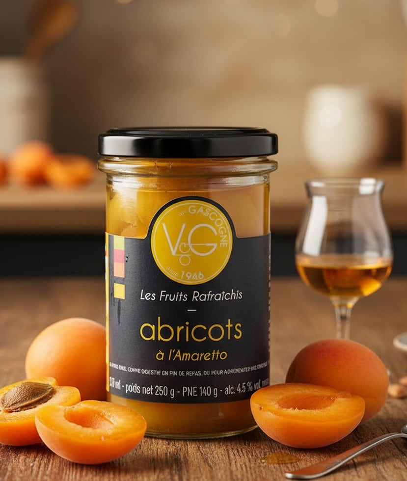 Burk med aprikoshalvor i Amaretto, arrangerad med mandlar, en sked och ett glas Amaretto mot en varm, ljus bakgrund.