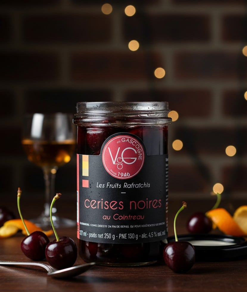 Burk med svarta körsbär i Cointreau, arrangerad med ett glas konjak och färska körsbär mot en mörk bakgrund.