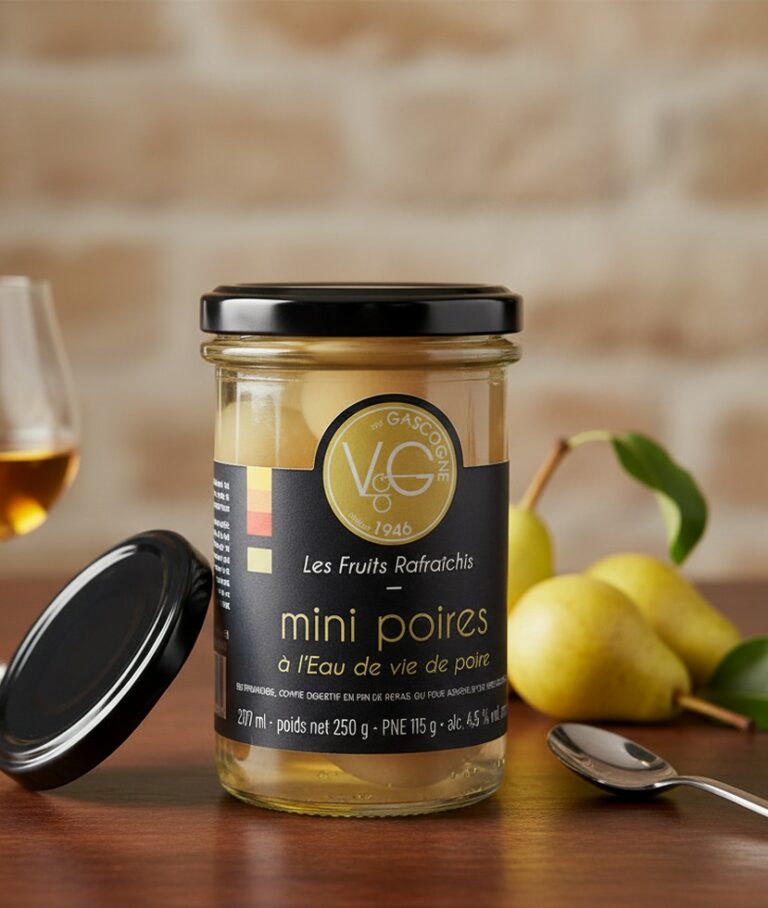 Burk med hela minipäron konserverade i päronbrännvin. Arrangerad med isbitar och ett provsmakningsglas på ett festligt bord.