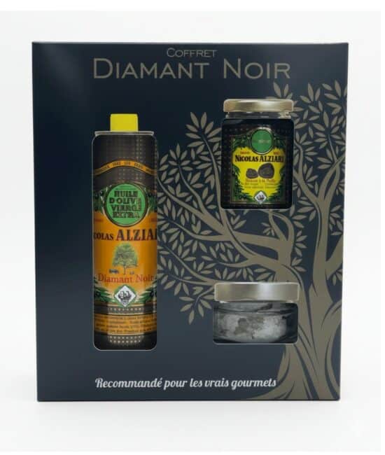 Presentförpackning Alziari Coffret 'Mon Retour du Marché' - Diamant Noir (Svart Tryffel). Man ser ett elegant svart eller mörkt tema på lådan, innehållande en olivolja, en vinäger eller balsamico och troligen tryffelsalt eller tryffelkräm, alla med tryffelsmak.