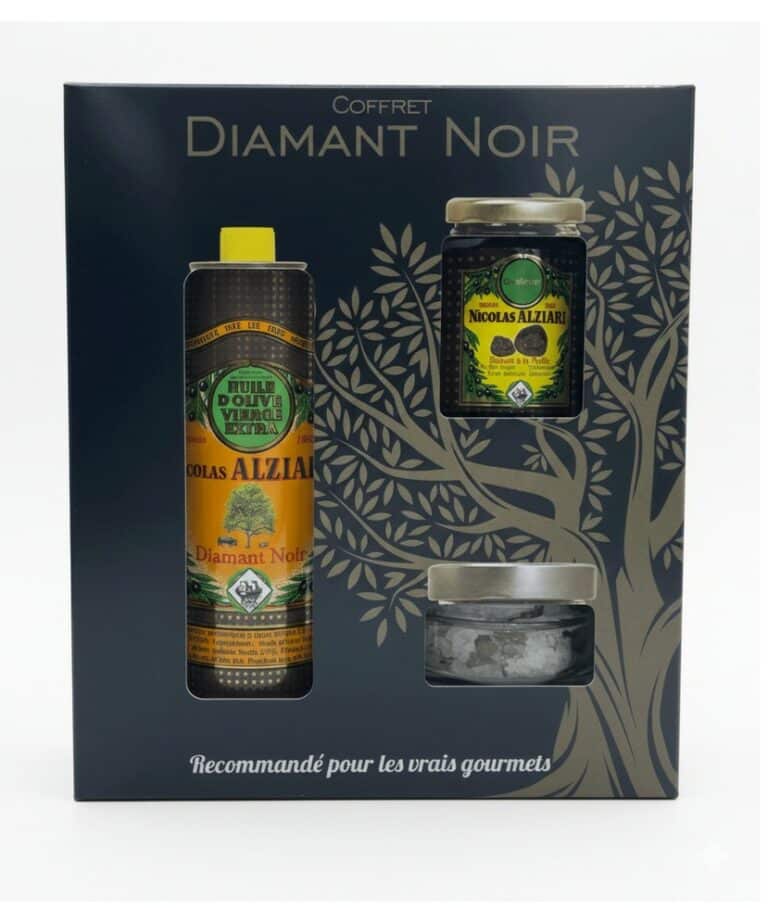Presentförpackning Alziari Coffret 'Mon Retour du Marché' - Diamant Noir (Svart Tryffel). Man ser ett elegant svart eller mörkt tema på lådan, innehållande en olivolja, en vinäger eller balsamico och troligen tryffelsalt eller tryffelkräm, alla med tryffelsmak.