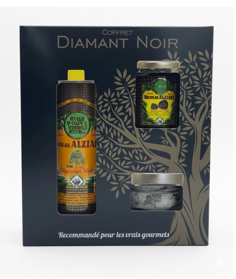 Presentförpackning Alziari Coffret 'Mon Retour du Marché' - Diamant Noir (Svart Tryffel). Man ser ett elegant svart eller mörkt tema på lådan, innehållande en olivolja, en vinäger eller balsamico och troligen tryffelsalt eller tryffelkräm, alla med tryffelsmak.
