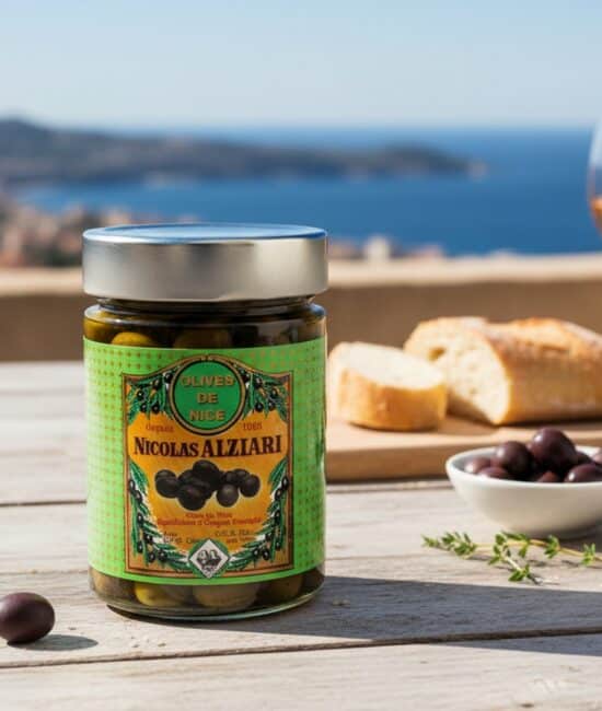 Burk med Olives de Nice Nicolas Alziari, placerad på ett ljust träbord med ett glas rosé, skivat bröd, svarta oliver och färska örter. Bakgrunden erbjuder en fantastisk utsikt över Medelhavet och den soliga kusten.