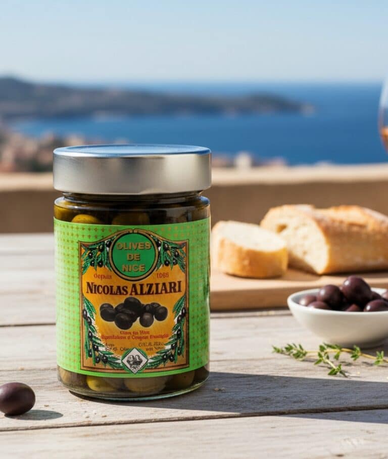 Burk med Olives de Nice Nicolas Alziari, placerad på ett ljust träbord med ett glas rosé, skivat bröd, svarta oliver och färska örter. Bakgrunden erbjuder en fantastisk utsikt över Medelhavet och den soliga kusten.