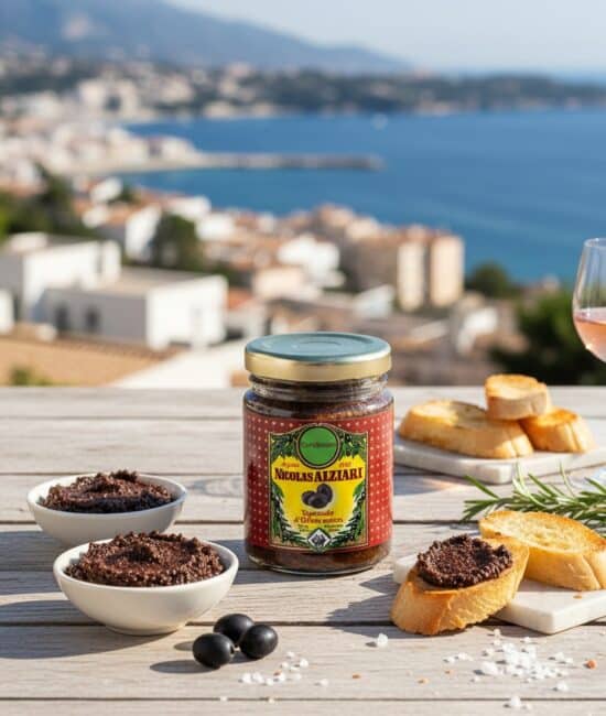 Burk med Nicolas Alziari svart olivtapenade, presenterad på ett ljust träbord med små skålar med tapenade, rostat bröd, några svarta oliver, salt och ett glas rosévin. Bakgrunden visar en panoramautsikt över Medelhavet och den soliga kusten.